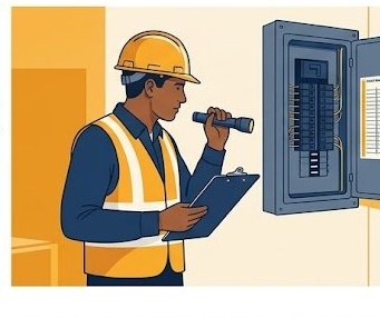 Licensed electrical inspector with clipboard reviewing a residential electrical panel — required after any permitted panel replacement