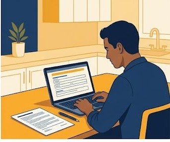 Homeowner completing an online electrical permit application on a laptop — the preferred method in most U.S. counties