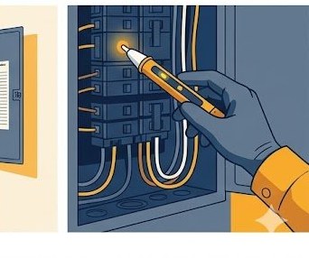 Non-contact voltage tester being used near electrical panel wiring — essential safety tool for homeowners doing panel work